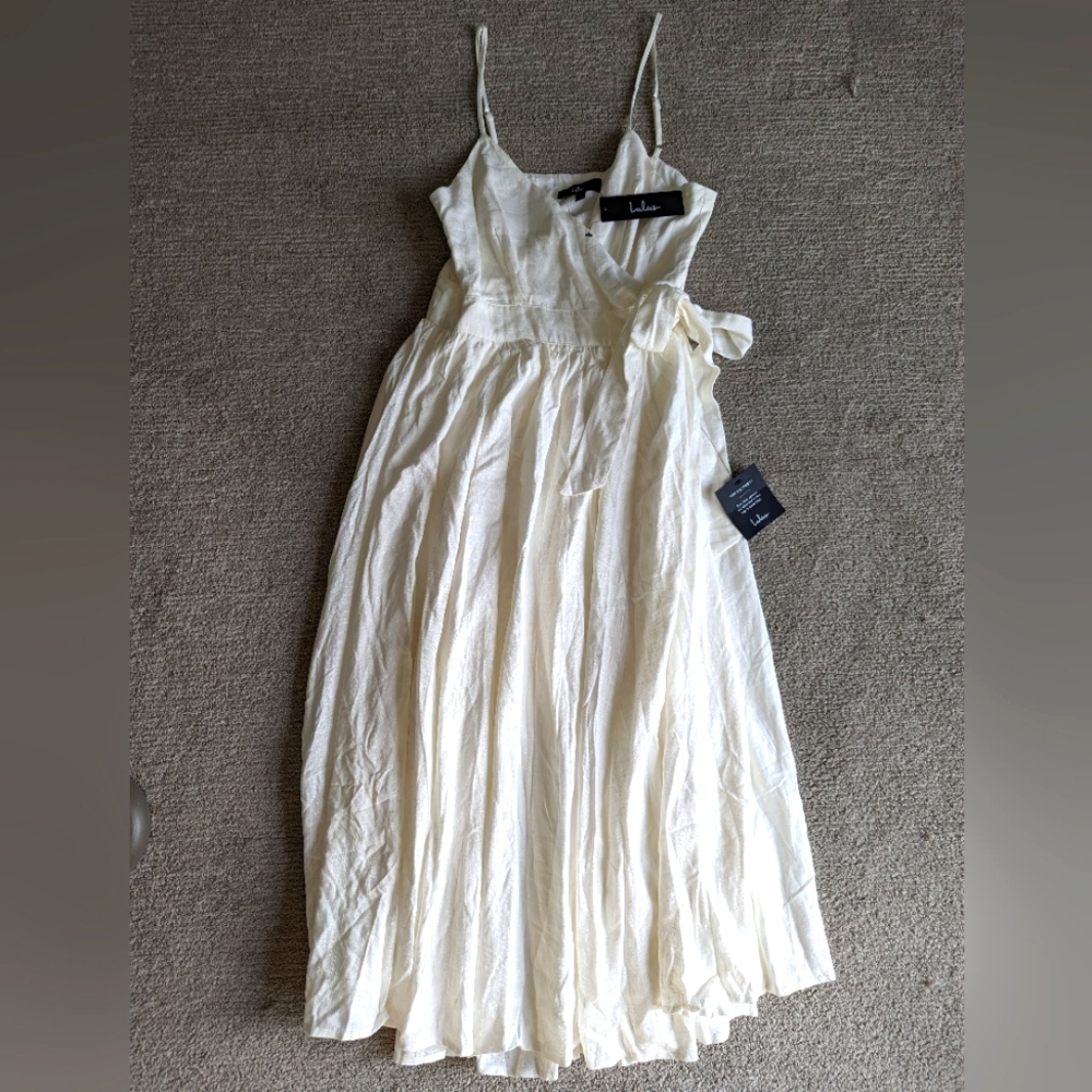 Lulu's Wrap White Dress. Full skirt, spaghetti straps (adjustable).